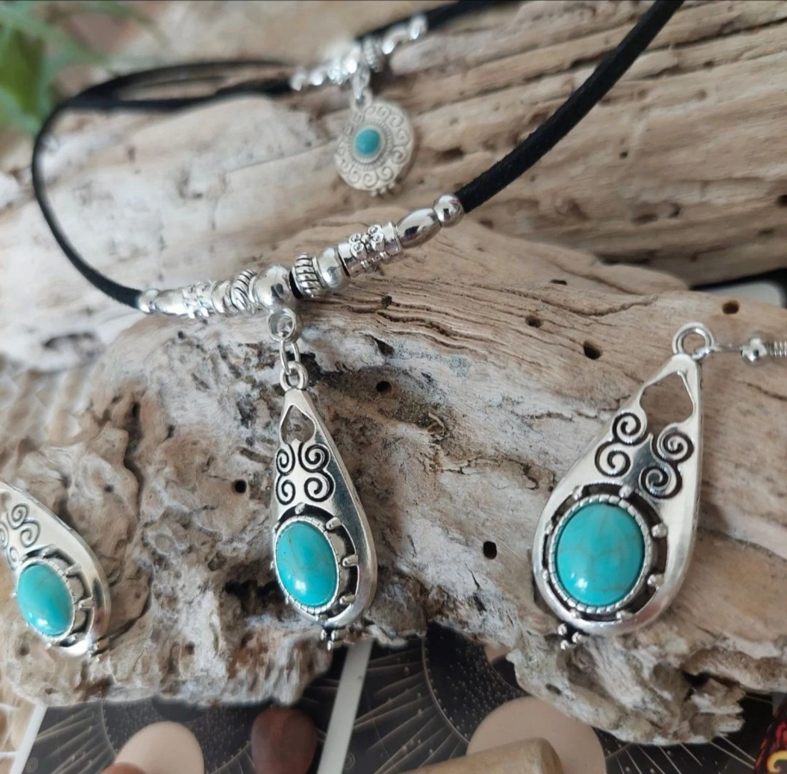 Parure bohème double rangs, larme maya spirale turquoise – photo 5
